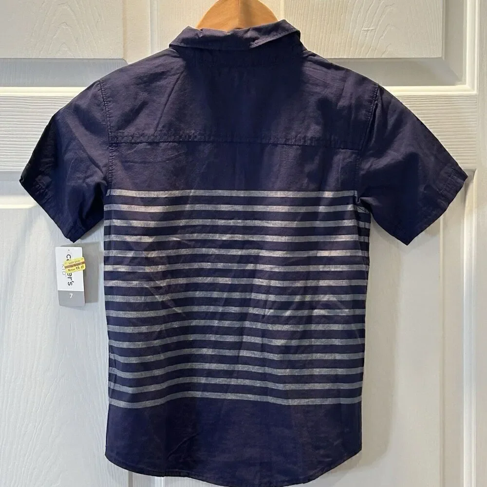 CARTER’S Kid Blue Striped and Solid Short Sleeved Button Front Shirt Boys Size 7